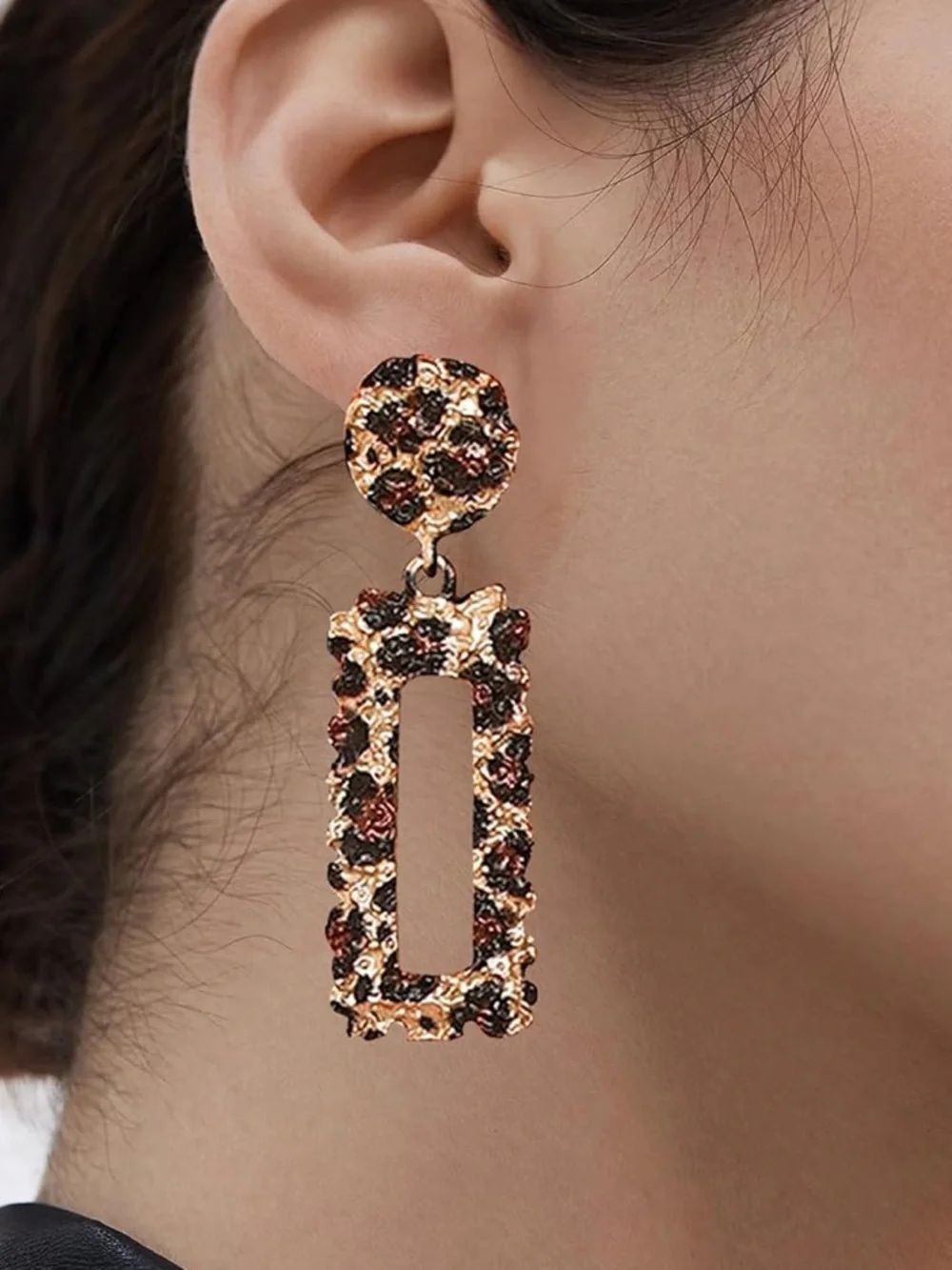 Anthropologie Gold and Black Textured Rectangular Drop Earrings